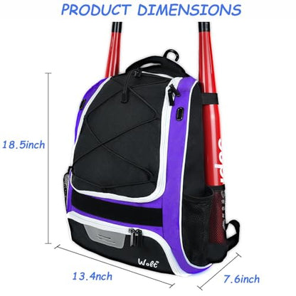 WOLT Youth Baseball Bag - Bat Backpack for Baseball, T-Ball & Softball Equipment & Gear, Bat & Glove Holder, Large Main Compartment for Helmet & accessories, Separate Shoes Compartment, Fence Hook - color: purple