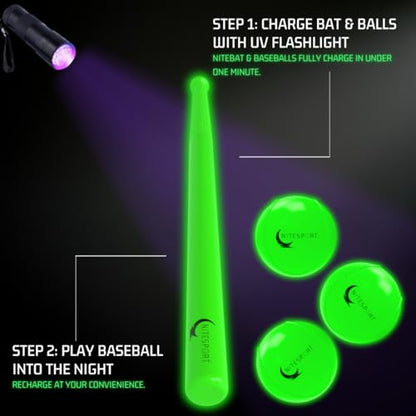 Glow in The Dark Plastic Baseball Bat w/ 3 Glow in The Dark Plastic Baseballs Bundle UV Flashlight Included (Electric Lime)