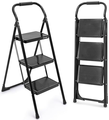 SereneLife 3-Step Ladder, Folding Step Stool for Adults, Wide Anti-Slip Pedal and Handrail, Sturdy Steel Build, 570 lbs Capacity, Portable Step Stool Ladder for Home and Office Use (Black) - size: 3 Step