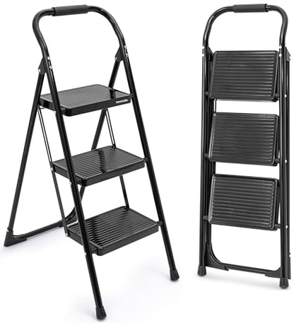 SereneLife 3-Step Ladder, Folding Step Stool for Adults, Wide Anti-Slip Pedal and Handrail, Sturdy Steel Build, 570 lbs Capacity, Portable Step Stool Ladder for Home and Office Use (Black) - size: 3 Step