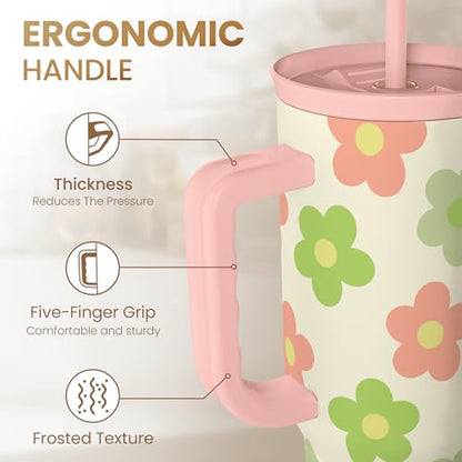 SANDJEST Daisy Tumbler with Handle 40oz, Floral Cup Stainless Steel Insulated Tumblers Coffee Travel Mug with Straw, Flower Cups Gifts for Women Girls Teens Birthday Christmas - color: Daisy