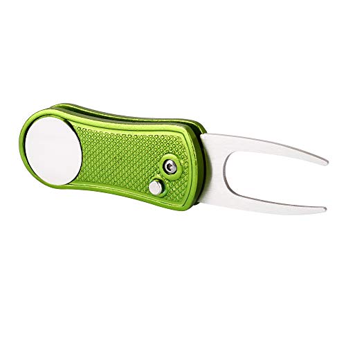 Mile High Life Golf Divot Repair Tool, All Metal Foldable Divot Tool with Pop-up Button & Magnetic Ball Marker - color: Lime Green Undulate