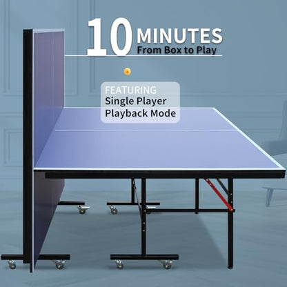 IUNNDS Portable Table Tennis Table 6/8/8.5/9FT Foldable Ping Pong Game Set for Indoor with Net and Post Set, 2 Paddles and 3 Balls - color: Blue-8FT with Wheel