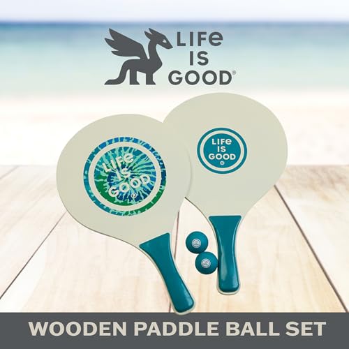 Life Is Good Wooden Paddle Ball Set (Teal Tie Dye), 2 Thick Wood Paddles and 2 Balls, Classic Beach and Backyard Toss Game for Kids and Adults, Outdoor Summer Lawn and Park Activity - color: Teal Tie-Dye