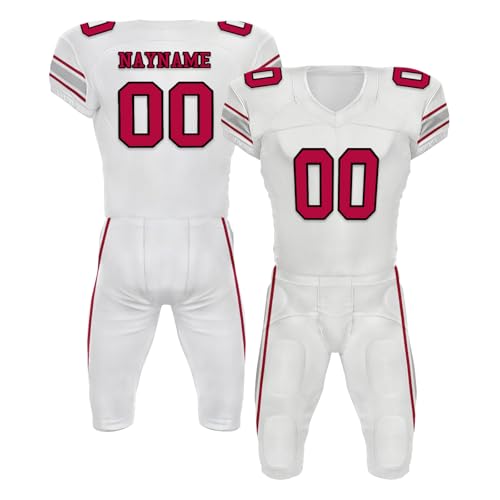 Youth Football Practice Jersey, Custom Blank Kids Practice Football Uniform Sportswear for Boys Training Games - color: White Red Sliver