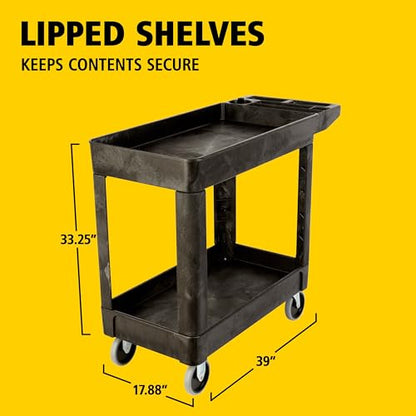 Rubbermaid Commercial Products 2-Shelf Utility/Service Cart, Small, Lipped Shelves, Storage Handle, 500 lbs. Capacity, for Warehouse/Garage/Cleaning/Manufacturing - size: Small