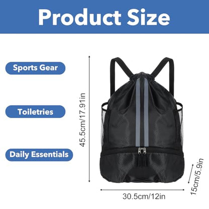 Drawstring Gym Bag with Shoe Compartment and Side Mesh Pockets, Waterproof Sports Drawstring Backpack, Wet and Dry Separation String Backpack for Women Men, Suitable for Fitness, Swimming, Football