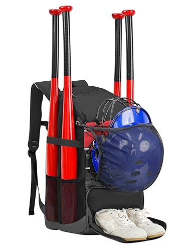 TPAID Baseball Backpack Large Capacity Softball Bag with Shoes Compartment and Fence Hook, Lightweight Baseball Equipment Bag Holds Bats, Helmets, Gloves, Hats, Clothes, Shoes - color: Black-B, size: 4 Bat Baseball