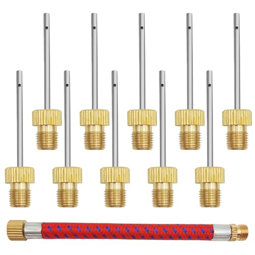 10 Pack Brass Ball Pump Needles + 1 Pump Needle Adaptor Hose, Ball Pump Inflation Needles, No Break Heavy Duty Air Pump Needles for Balls, with A Pump Needle Adaptor Hose, Stainless Steel Body