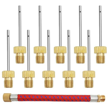 10 Pack Brass Ball Pump Needles + 1 Pump Needle Adaptor Hose, Ball Pump Inflation Needles, No Break Heavy Duty Air Pump Needles for Balls, with A Pump Needle Adaptor Hose, Stainless Steel Body
