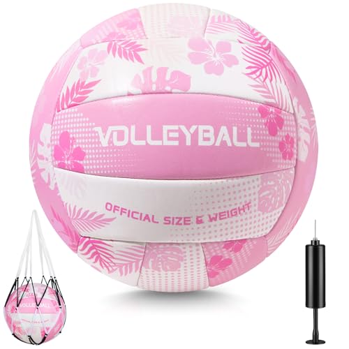 Soft Touch Volleyball Official Size 5, PU Leather Training Ball for Girls Beginners Kids Youth, Printed Indoor Outdoor Practice Volleyball with Pump & Mesh Bag for School Gym & Backyard - color: Pink Hibiscus