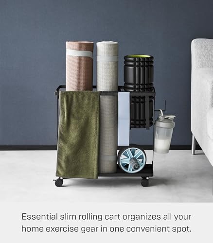 YAMAZAKI Home Tower Rolling Slim Fitness Rack with Adjustable Holder, Casters, Hooks for Gear Organization - Steel