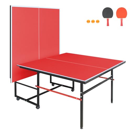 8Ft Mid-Size Ping Pong Table, Foldable & Portable Table Tennis Table Set for Indoor Games with Net, 2 Table Tennis Paddles and 3 Balls - color: Red