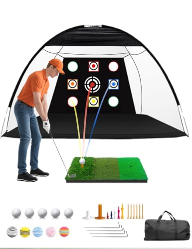 Golf Practice Net and Mat, 10x7FT Golf Net with Tri-Turf Mat & 10 Balls, Hitting Aid Nets for Backyard Driving Chipping Training Swing with Target Mat Balls for Outdoor Indoor, Gifts for Men/Dad/Him