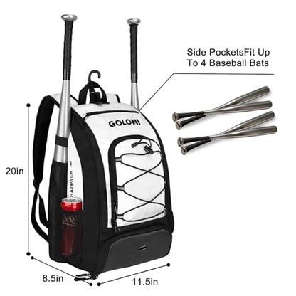 Goloni 40L Baseball Bag, Softball Bat Bag with Shoes Compartment,Fence Hook,Backpack for Baseball, T-Ball & Softball Equipment & Gear
