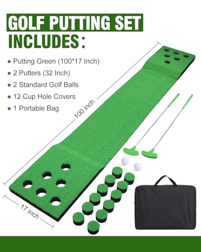 Golf Putting Game Set for Indoor & Outdoor, Portable Golf Pong Putting Green Mat with 2 Putters, 2 Balls,12 Hole Covers, 1 Storage Bag for Home, Backyard, Office & Party