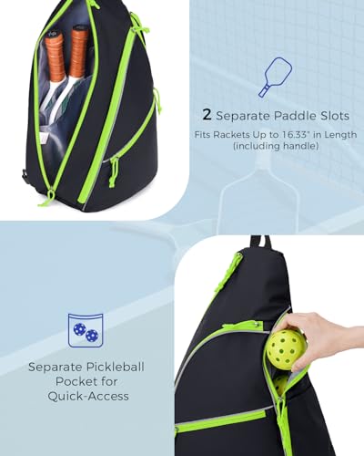 sportsnew Pickleball Bag for Men Women, Pickleball Sling Bag with Separate Paddle & Ball Compartment, Fence Hook, Phone Pocket for Quick Access, Waterproof Pickleball Backpack, Patent Pending - color: Black-Fluo