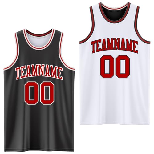 Custom Reversible Basketball Jerseys Men Youth, Personalized Sports Shirts Team Uniforms Printed Name Logo Number - color: Black and White - Red