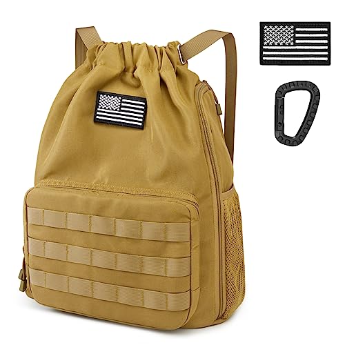 G4Free Drawstring Backpack Gym Backpack Soccer Basketball Bag with Shoes Compartment Tactical Water-Resistant String Sports Bag for Men Women(Tan) - color: Tan
