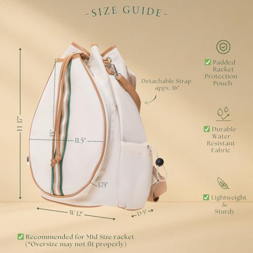 Tennis Bag for Women Racket Tote, Stylish Backpack - Unisex Racquet Sports Pickleball Bag Convertible Shoulder, Crossbody Strap Large Compartment - color: Backpack - Beige/Green Stripe