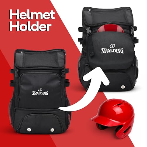 Spalding Baseball Backpack Baseball Bag | Youth & Adult Large Backpack with Compartment for Tball Softball Sports Gear | Fits Bat Glove Shoes Ball Helmet | Waterproof Adult Bat Bag Softball Gift - color: Black