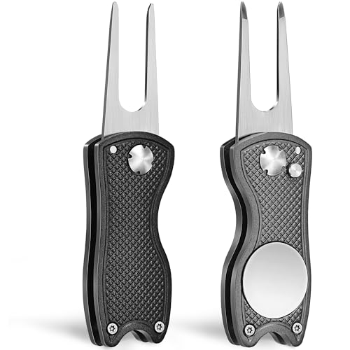 Mile High Life Golf Divot Repair Tool, All Metal Foldable Divot Tool with Pop-up Button & Magnetic Ball Marker, 2-6 Pack - color: Black/Gray