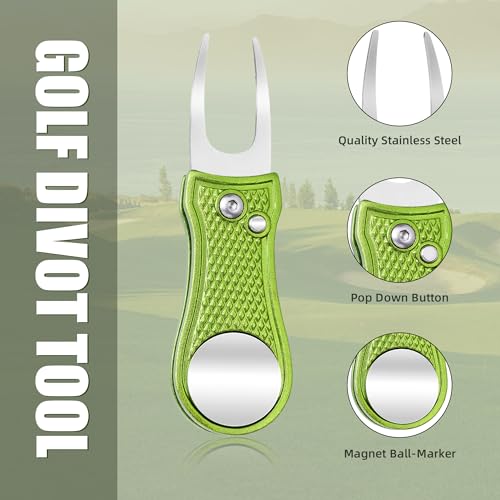 Mile High Life Golf Divot Repair Tool, All Metal Foldable Divot Tool with Pop-up Button & Magnetic Ball Marker - color: Lime Green Bone
