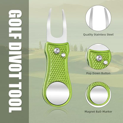 Mile High Life Golf Divot Repair Tool, All Metal Foldable Divot Tool with Pop-up Button & Magnetic Ball Marker - color: Lime Green Bone