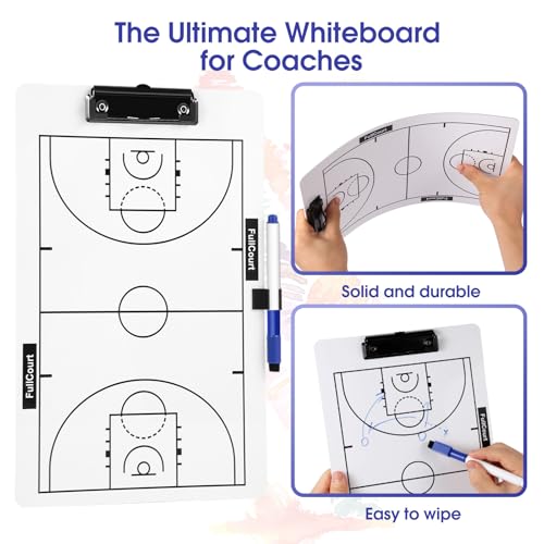 Double-Sided Basketball Coaching Clipboard & Dry Erase Whiteboard for Coaches | Built-in Marker Holder & Sturdy Pro Markers | Portable Durable Tactical Board for Court Training