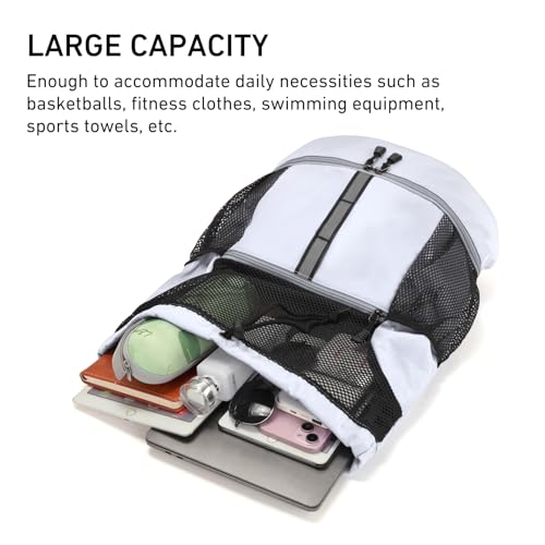 Valleycomfy Drawstring Gym Bag Sports Backpack With Shoe Compartment and Reflective Strips White - color: White