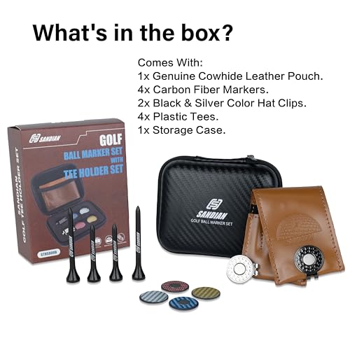 SANDIAN [Full Set], Golf Ball Markers Carbon Fiber T800 Full Set with Genuine Brown Leather Belt Clip Tee Holder Pouch, Magnetic Hat Clips, Storage Case [Brown Leather]