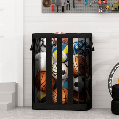 STO STO Ball Storage Basket, Wall-Mounted or Freestanding Garage Ball Organizer Holder, Holds up to 15 Balls, Sports Equipment Organizer with Elastic Front Access for Garage, Gym, Playroom, Black