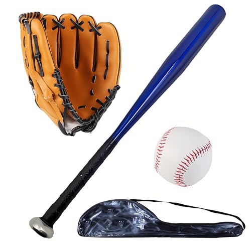 Softball Baseball Bat Set with Glove and Balls - 25 Inch/63cm Aluminum Bat for Pickup Games and Batting Practice - color: Blue