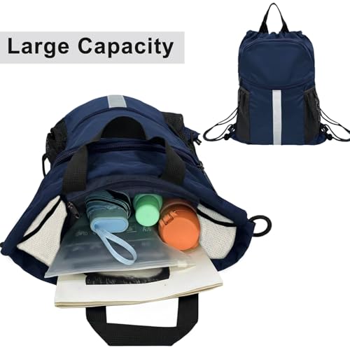 Drawstring Backpack with Shoes Bag Waterproof String Beach Bag for Sports Gym Swim（Navy） - color: Navy