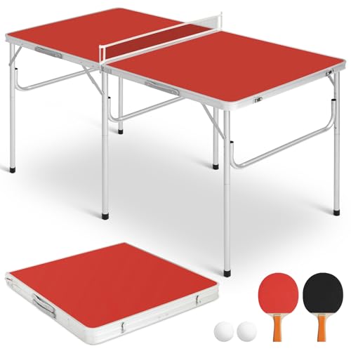 Portable Ping Pong Table, Foldable Indoor Table Tennis Tables Game, Folding Indoor Table Tennis w/ 2 Paddles, 2 Balls and Net for Adults/Teens, Quick Assembly - color: 5FT-RED