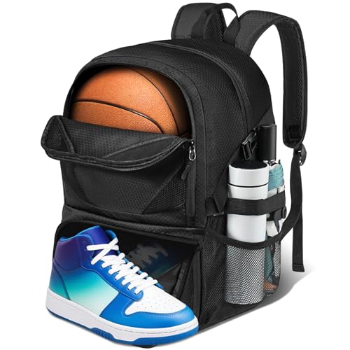 Basketball Bag Backpack with Ball & Shoes Compartment for Soccer Ball Volleyball Football, Large Sports Bag Backpack - color: Black