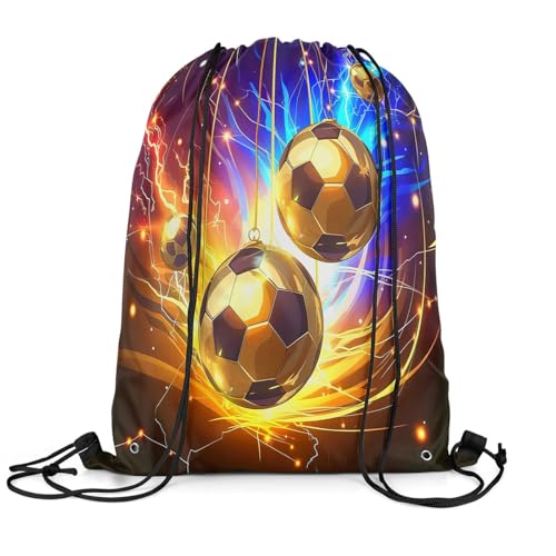 Golden Football Drawstring Bag,Modern Sports Ball Drawstring Backpack,Golden Blue Lightning Draw String Bag Gym Packs Large Capacity - color: Golden Blue