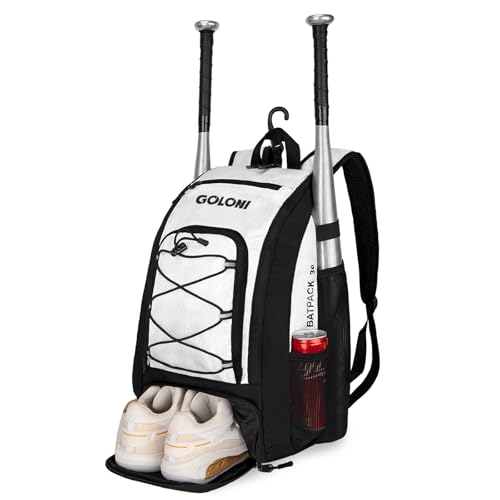 Goloni 40L Baseball Bag, Softball Bat Bag with Shoes Compartment,Fence Hook,Backpack for Baseball, T-Ball & Softball Equipment & Gear