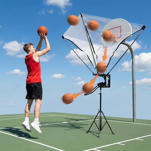 Basketball Rebounder with 180° Rotating Track Adjustable Height Basketballs Return Attachment with Net Return System Portable Hoop Trainer Tripod for Continuous Solo Practice