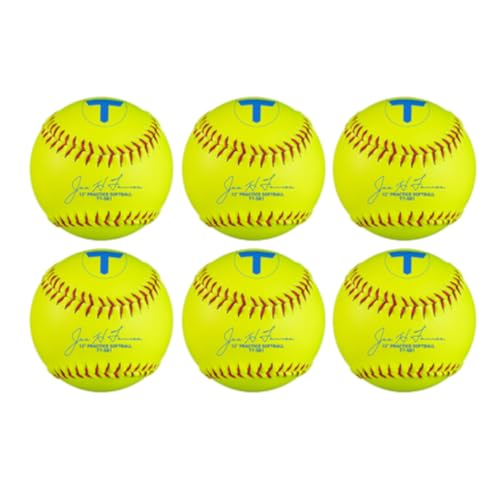 Tanner Tee 12 Inch Softballs 1/2 Dozen (6 ea) Practice Softballs with Synthetic Yellow Leather Cover, Red Stitching, and Poly Core Center for Fastpitch Softball and Slowpitch Softball