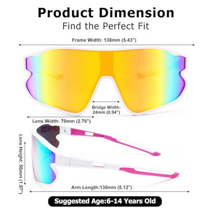 Kids Baseball Sunglasses - Youth Baseball Sunglasses for Boys Girls - Sports Softball Shades Age 6-14 - color: B5 White / Gold Mirror
