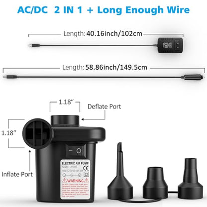 Electric Air Pump for Inflatables,Portable Quick-Fill Air Pump with 3 Nozzles,110V AC/12V DC,Inflator & Deflator Pumps for Outdoor Camping,Air Mattress Beds,Boats,Inflatable Cushion,Couch,Pool Floats