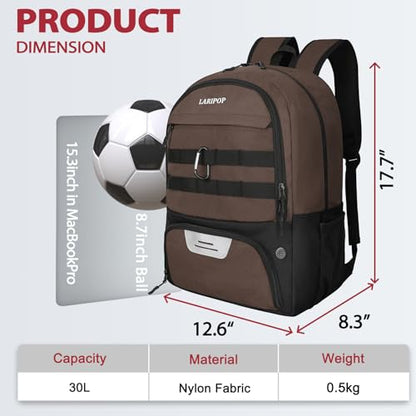 LARIPOP Soccer Backpack with Ball Holder & Shoe Compartment Large Capacity Youth Sports Bag for Training - color: Brown
