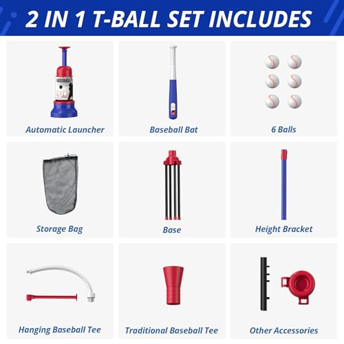 HYES 3-in-1 Baseball Set for Kids 3-5 - Tee Ball Stand, Hanging Tee, Ball Launcher and 6 Softballs - Adjustable Height, Indoor/Outdoor Sport Gifts for Boys Girls, Blue