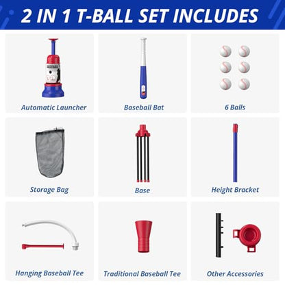 HYES 3-in-1 Baseball Set for Kids 3-5 - Tee Ball Stand, Hanging Tee, Ball Launcher and 6 Softballs - Adjustable Height, Indoor/Outdoor Sport Gifts for Boys Girls, Blue