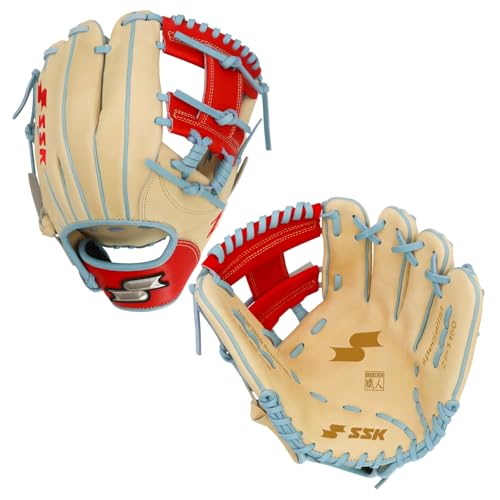 SSK Z7 Specialist Infield Baseball Glove – 11.25” - 11.5” - 11.75” - 12” – 12.25” – Right & Left Hand Throw - color: Camel/Red/Columbia - I Web, size: 11.5" - Right Hand Throw