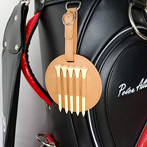 Myartte Golf Tee Holder with Wood Golf Tees Value 1 Set Golf Tee Holder for Bag Belt, Luxury Leather Gift for Golfer Men Women - color: brown