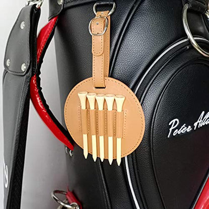 Myartte Golf Tee Holder with Wood Golf Tees Value 1 Set Golf Tee Holder for Bag Belt, Luxury Leather Gift for Golfer Men Women - color: brown