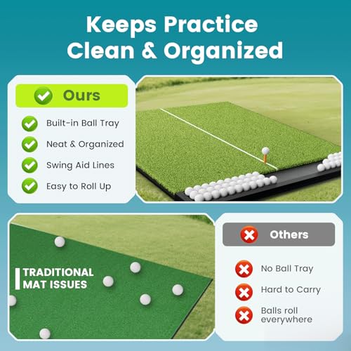 Golf Hitting Mat with Ball Tray, 5x4 / 6x4 ft, 26mm / 31mm Thick, Pro & Elite Turf with Swing Path Line, Premium Golf Practice Mat for Indoor & Outdoor Swing, Chipping, Training - style: 5×4 ft ELITE Turf – 26mm / Line