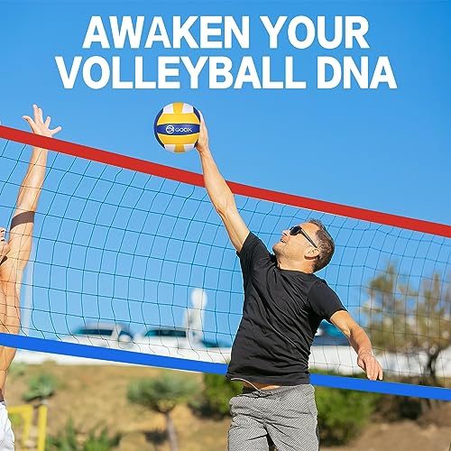 GOOX 4 Square Volleyball Net Game Set, 14 FT 4-Way Volleyball Net for Backyard Beach Lawn, Portable Four Square Volleyball Net for Adults & Youths with Vollyball, Pump, Carry Bag - color: red and blue